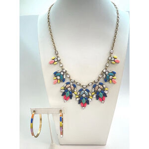 J. Crew Goldtone Multicolor Crystal Statement Necklace & Hoop Earring Set 2183